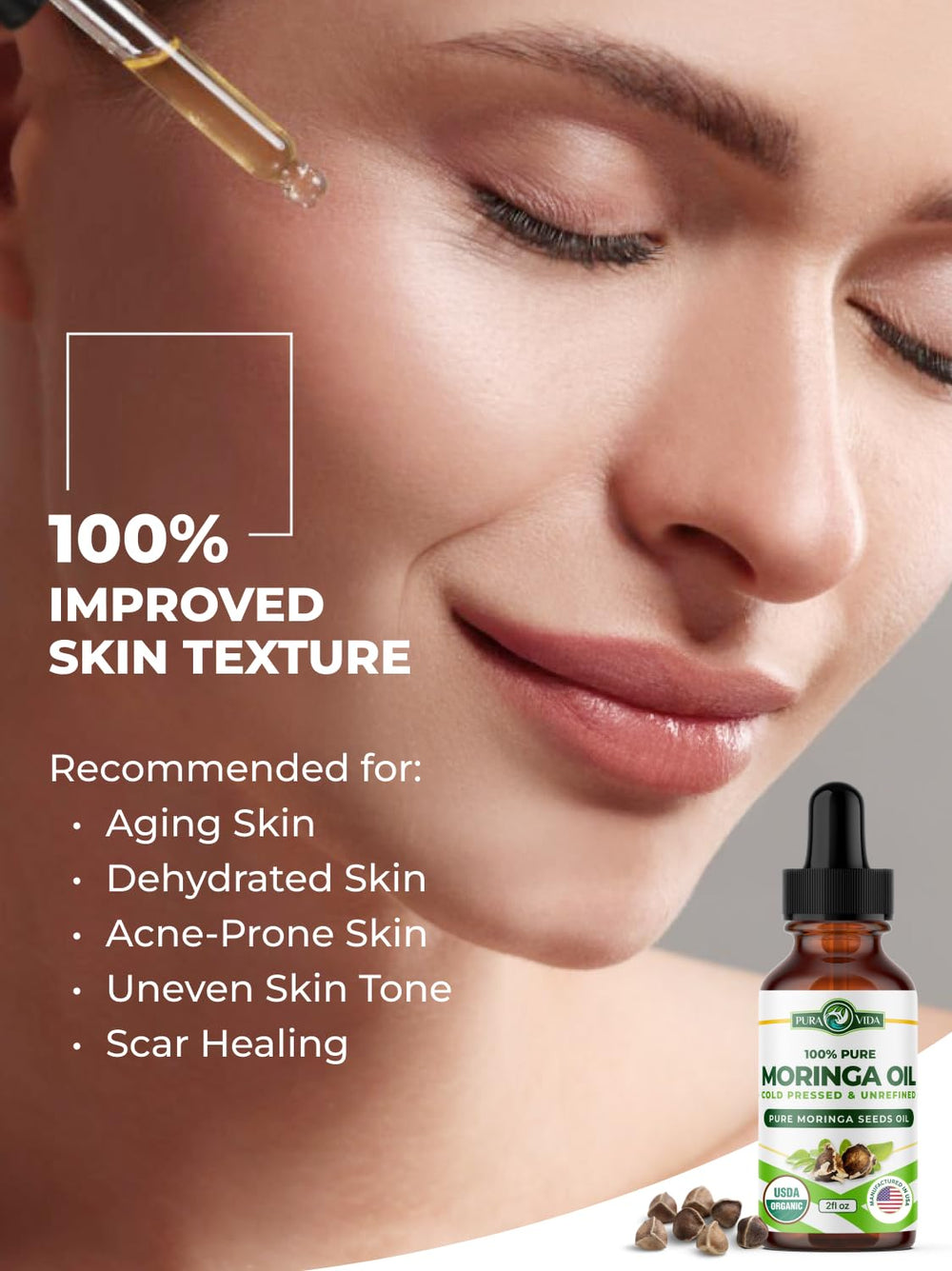 PURA VIDA MORINGA oil with third-party testing label ensuring purity.