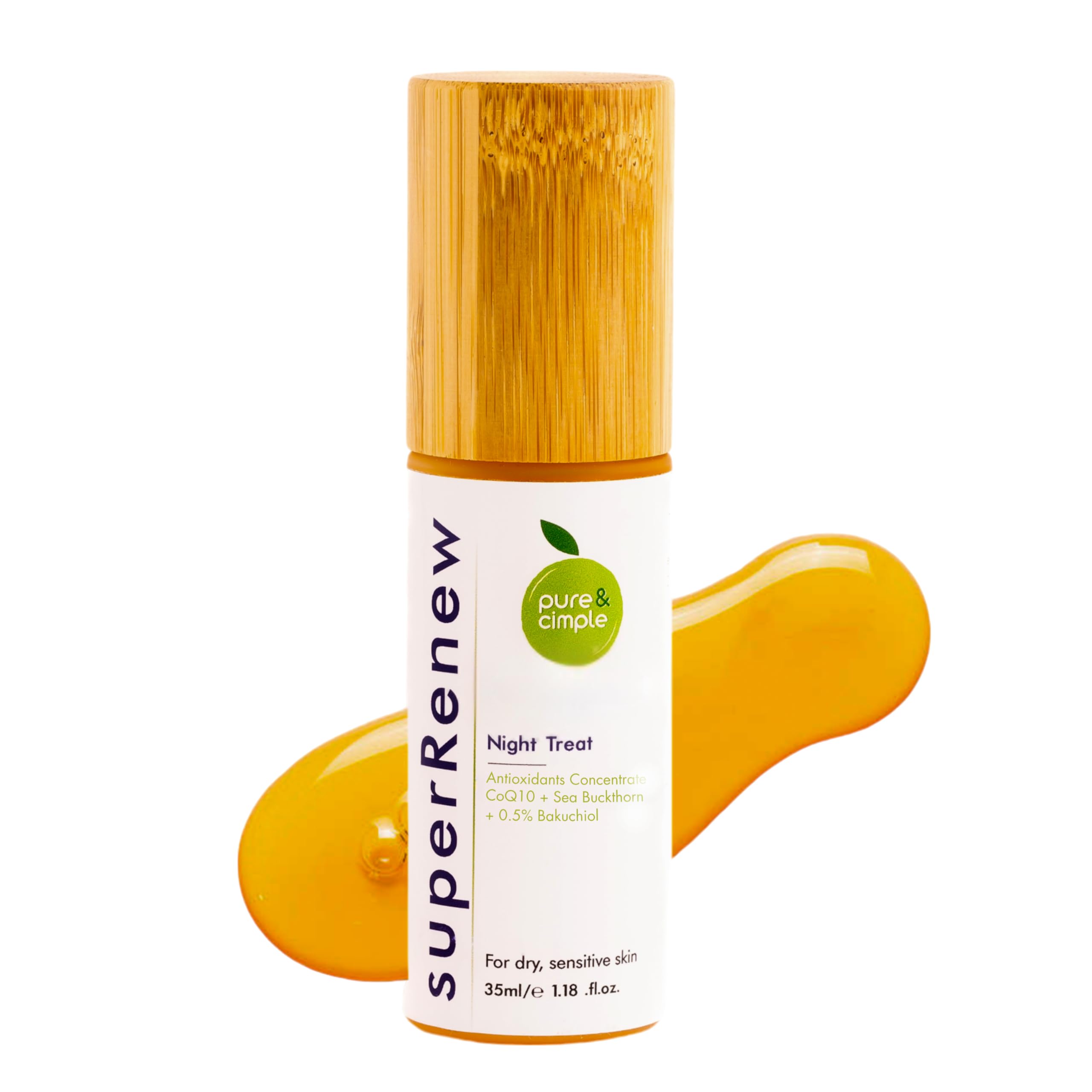 Pure & Cimple superRenew Bakuchiol Night Oil bottle showing premium packaging and glow