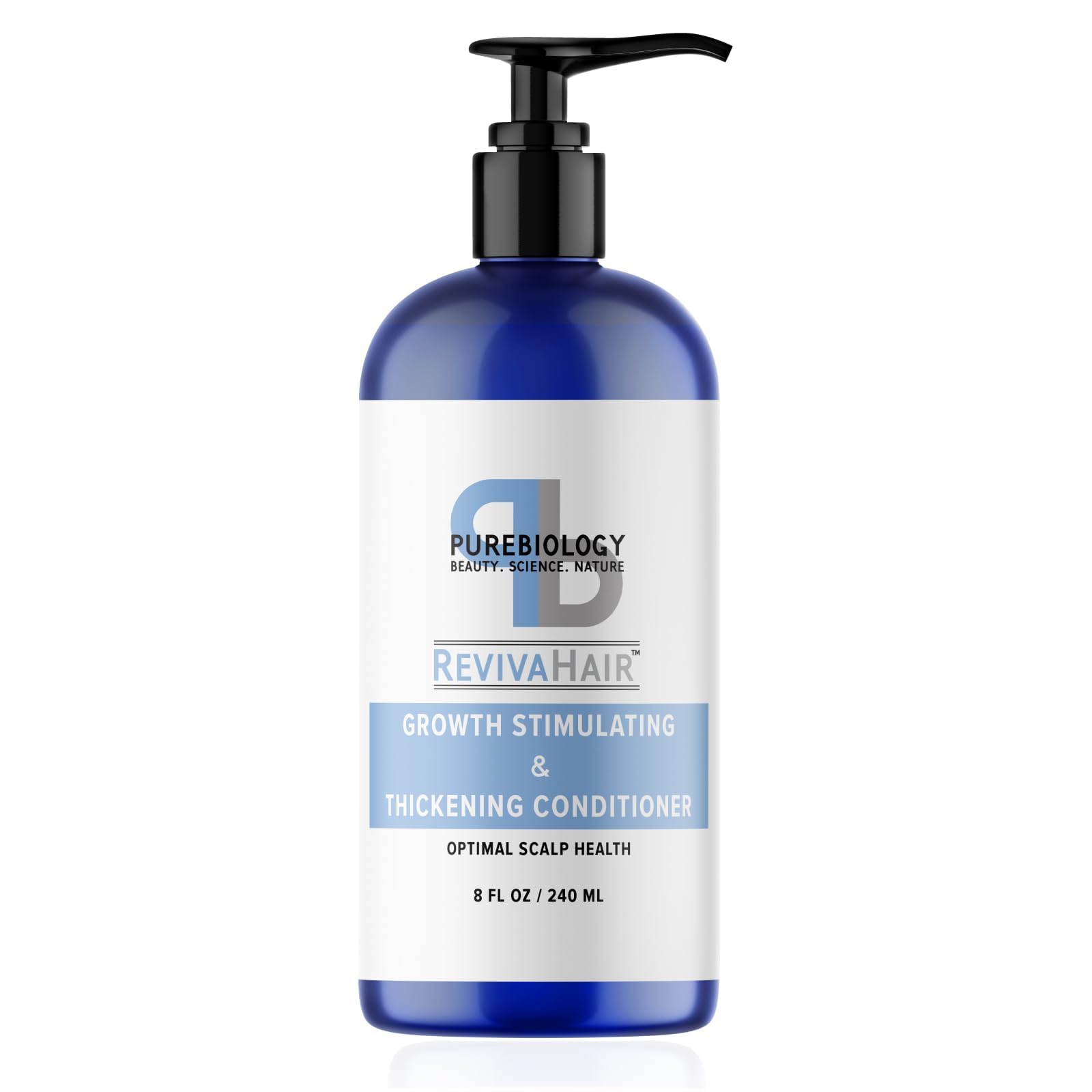 Pure Biology hair conditioner bottle close-up showing volumizing formula for fine and damaged hair