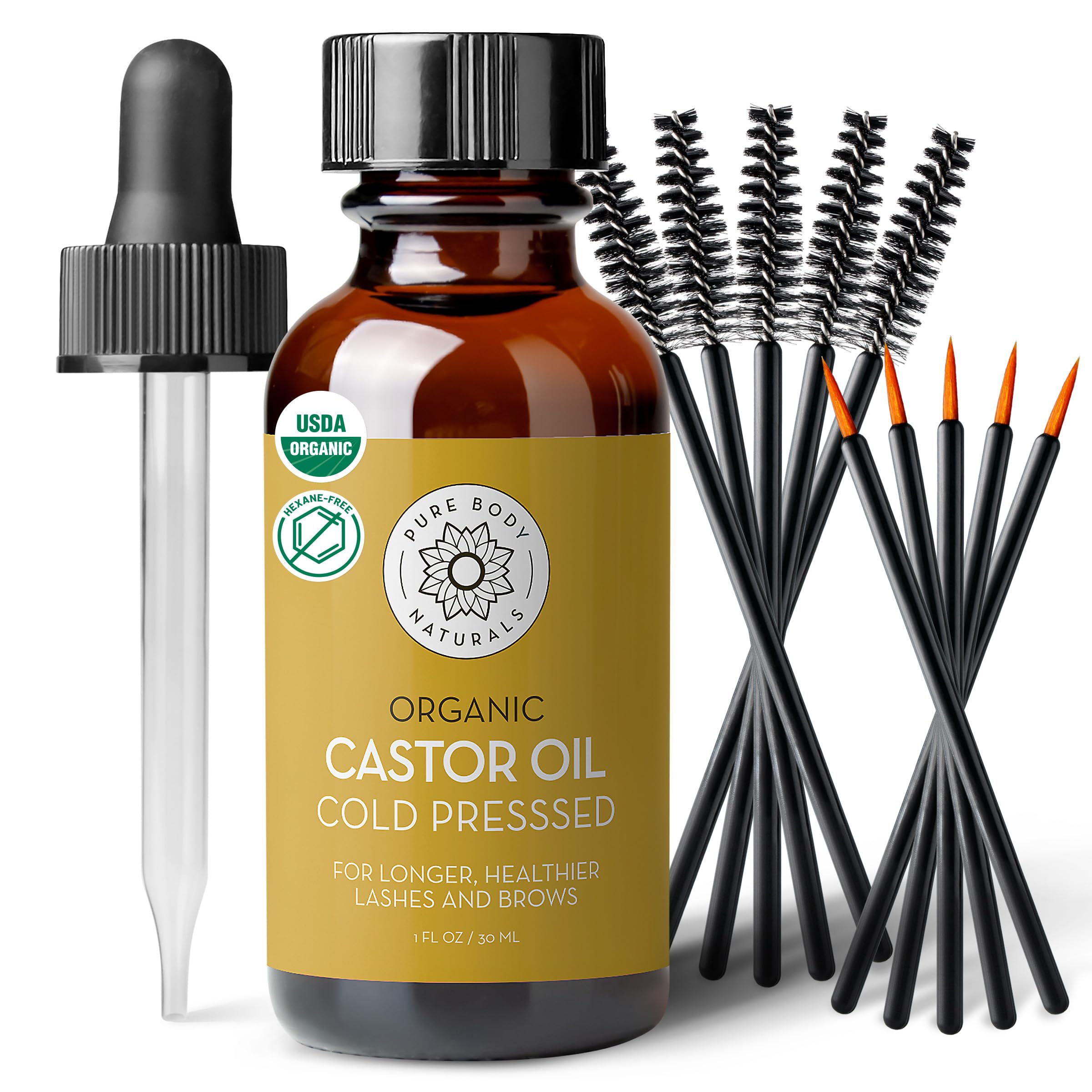 Pure Body Naturals castor oil for eyelashes and eyebrows conditions strands for a fuller look.