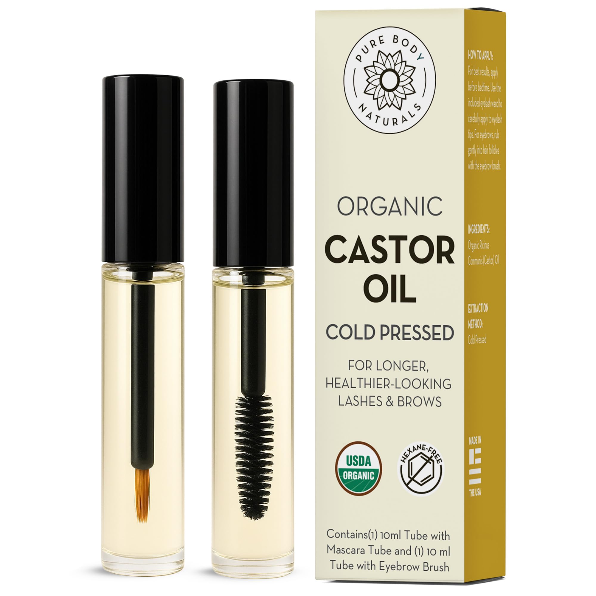 Pure Body Naturals castor oil eyelash tube front highlights organic, hexane-free nourishment for lashes.