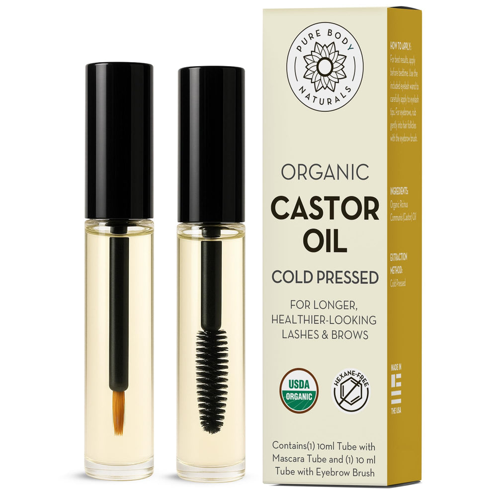 Pure Body Naturals castor oil eyelash tube front highlights organic, hexane-free nourishment for lashes.