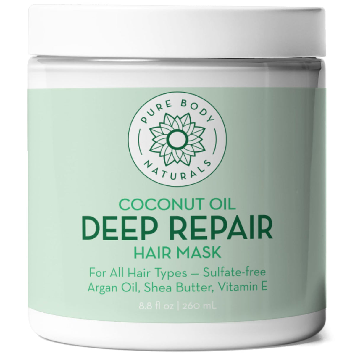 Pure Body Naturals coconut oil hair mask jar close-up for deep conditioning