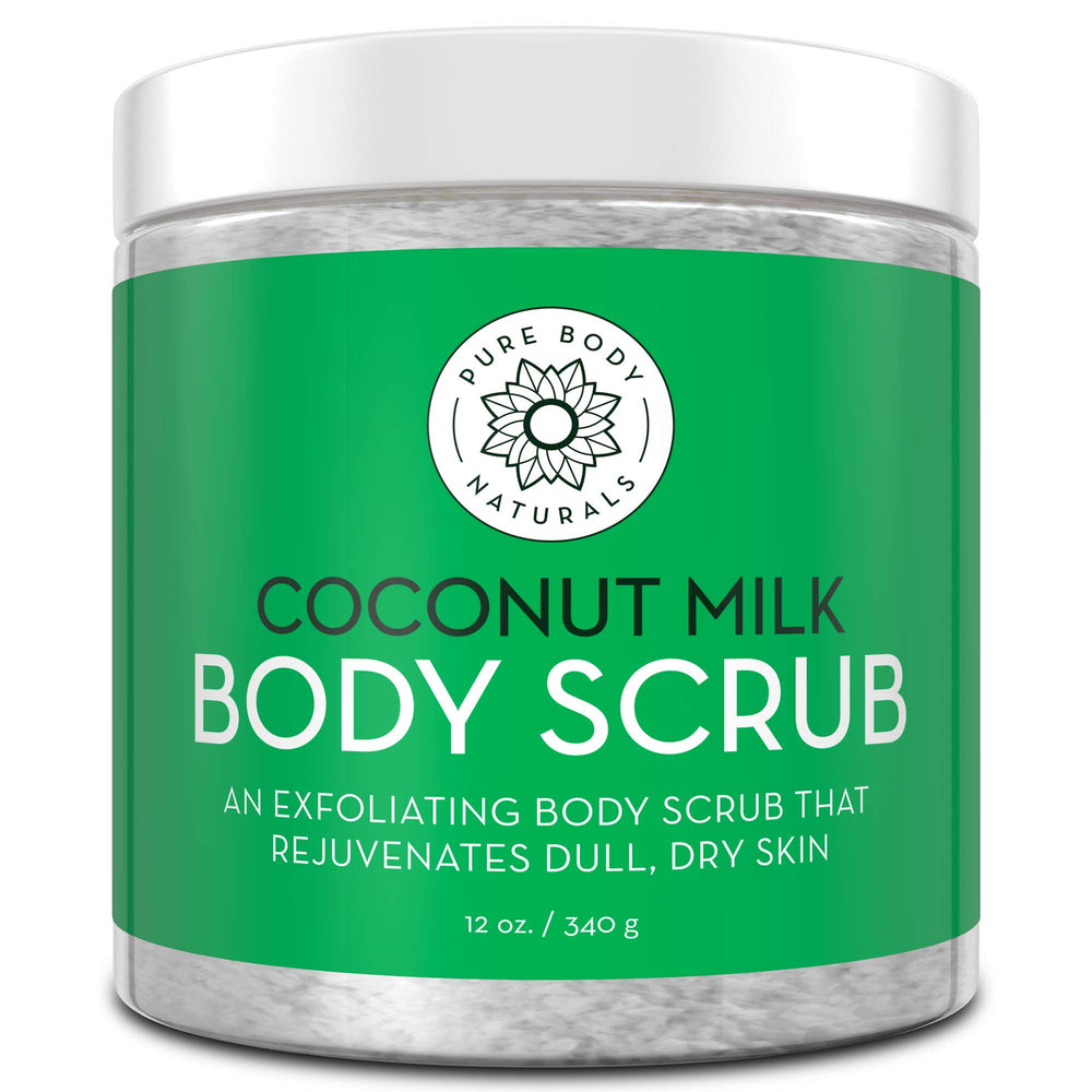 Pure Body Naturals exfoliating scrub coconut milk jar for gentle cleansing and hydration