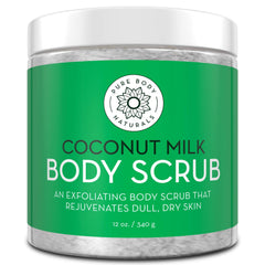 Pure Body Naturals exfoliating scrub coconut milk jar for gentle cleansing and hydration