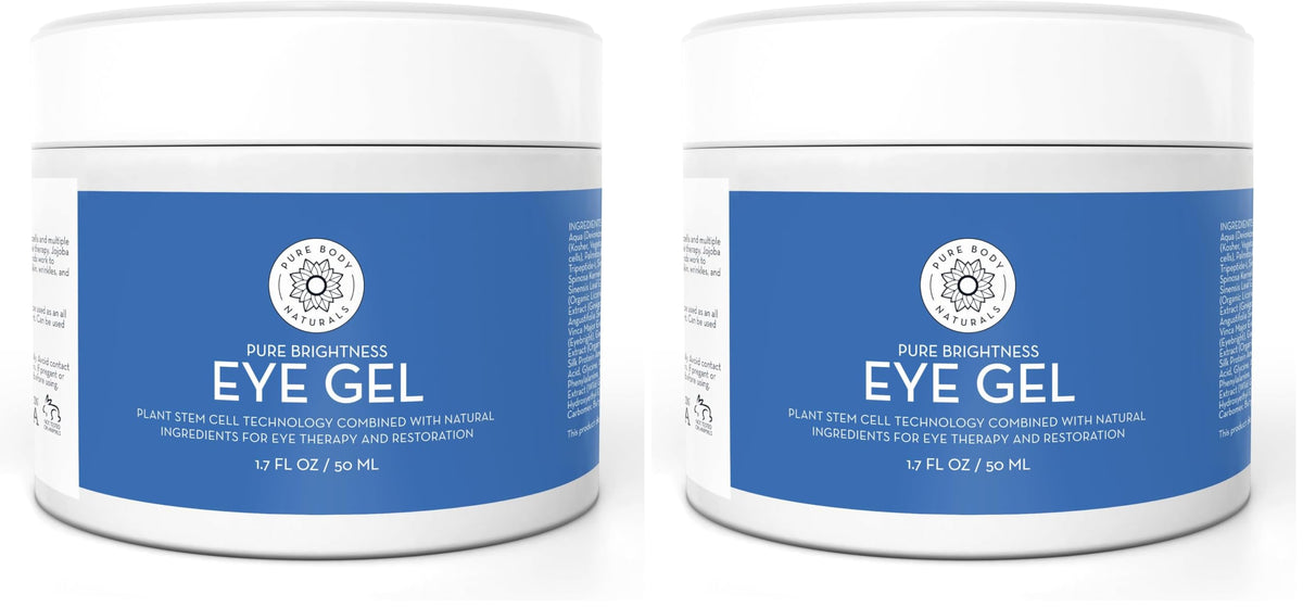 Pure Body Naturals eye gel jar close-up showing cooling formula for under-eye care.