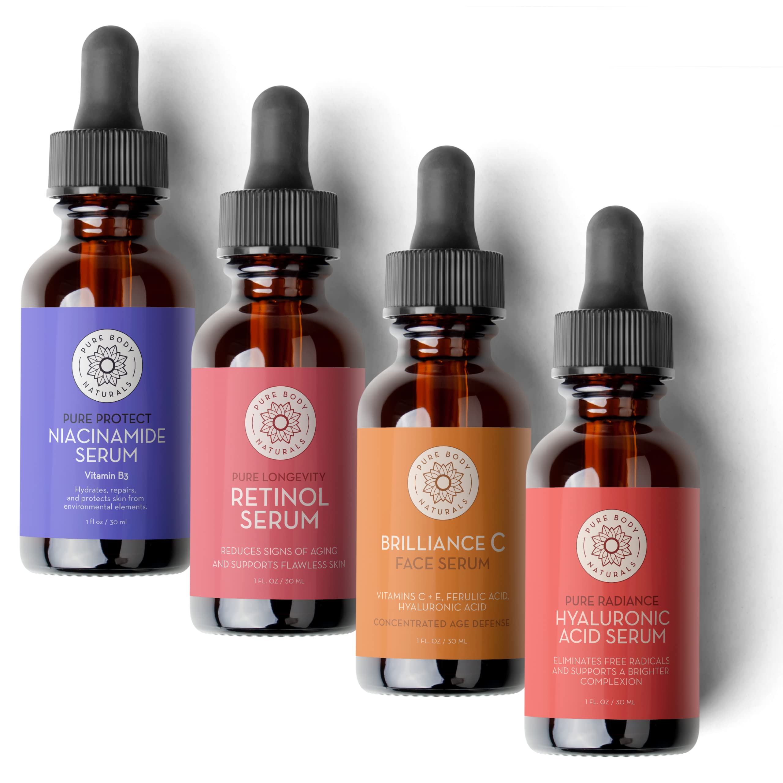 Pure Body Naturals facial serum bottle delivers hydrated, smooth skin.