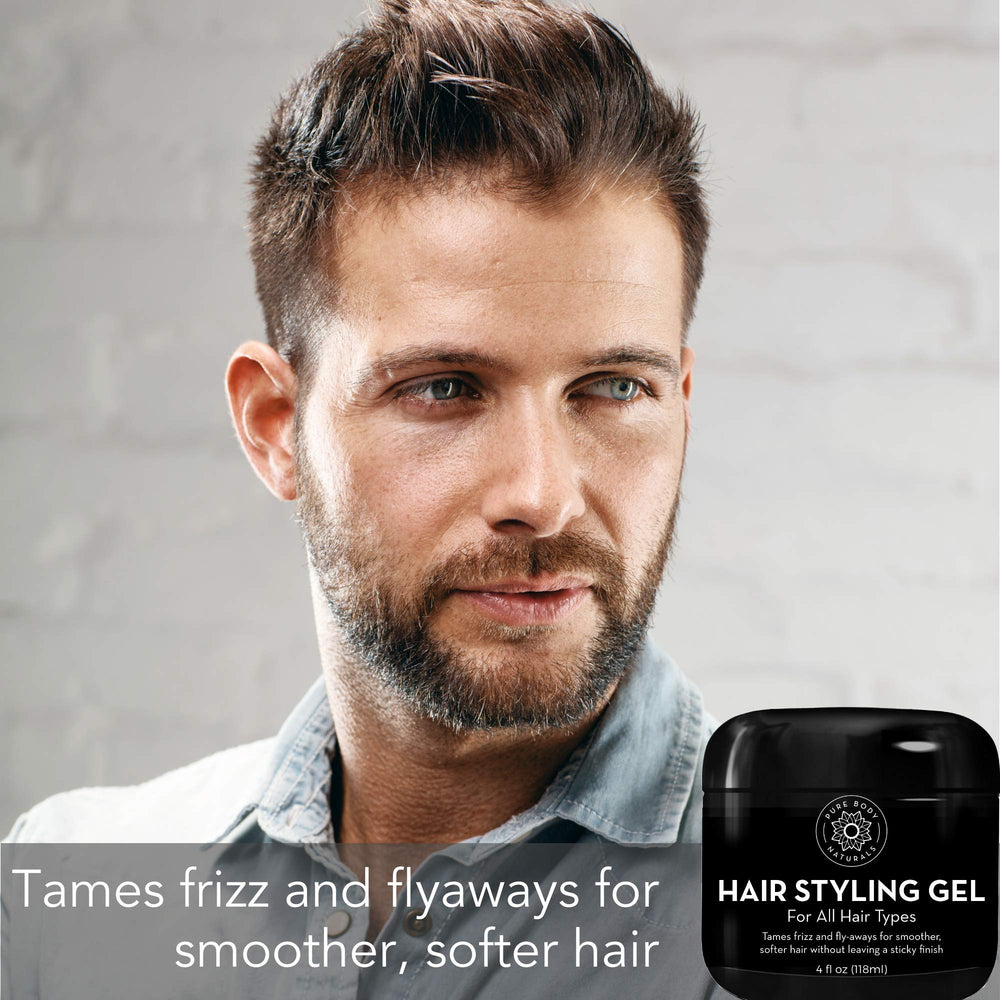 Pure Body Naturals hair gel texture close-up demonstrates smooth, non-sticky finish for neat styling