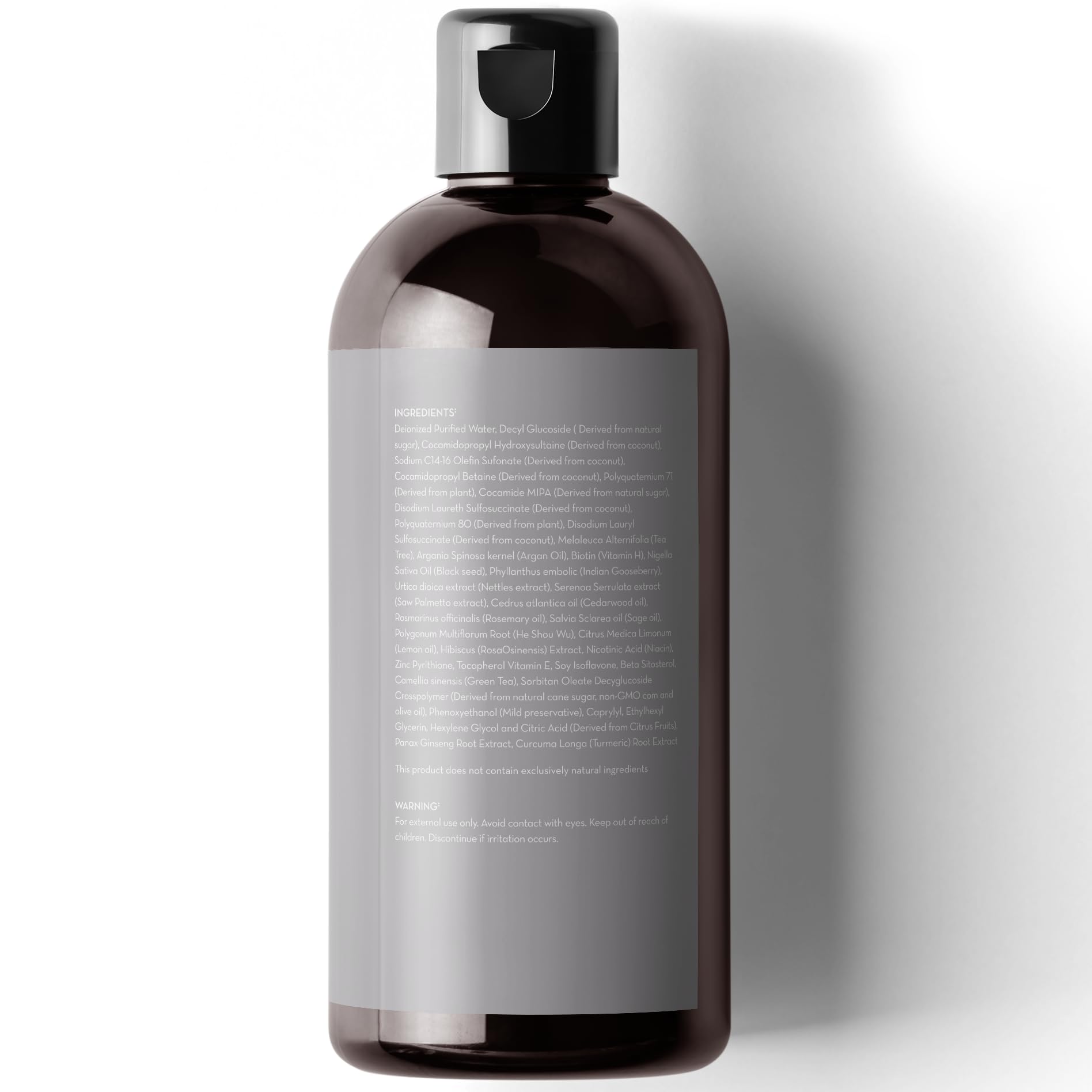 Pure Body Naturals Hair Loss Shampoo bottle label emphasizing size and safe, paraben-free formula.
