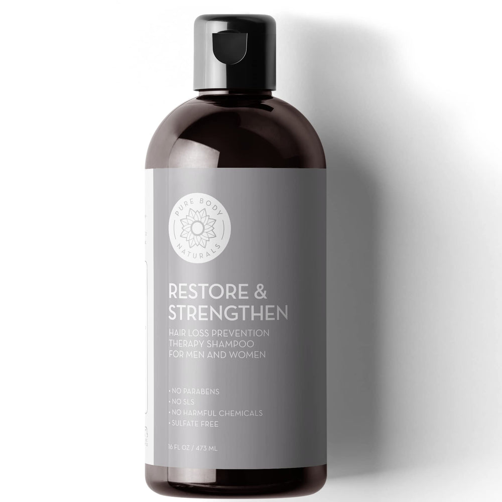 Pure Body Naturals Hair Loss Shampoo bottle showing the 16 oz size for thinning care.