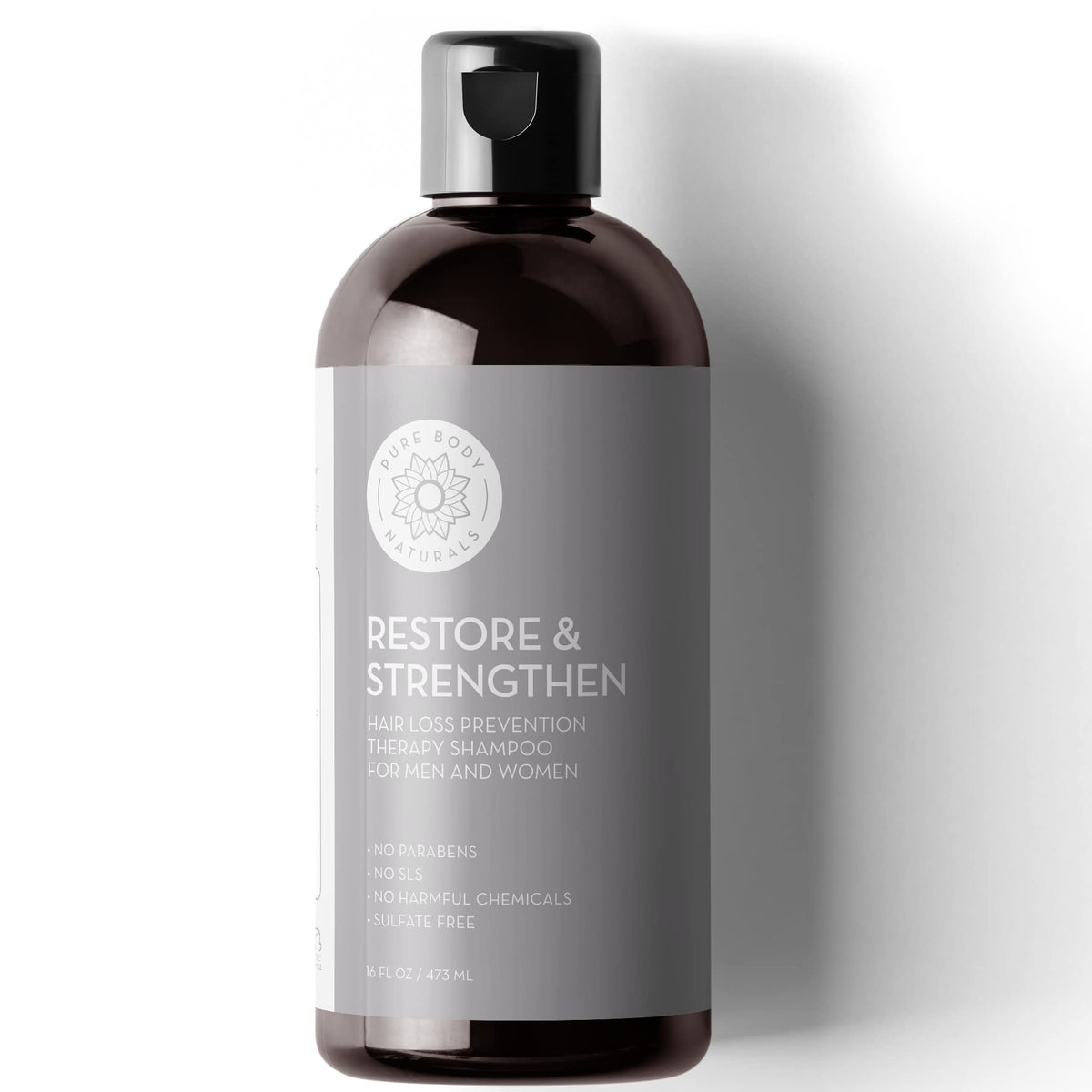 Pure Body Naturals Hair Loss Shampoo bottle showing the 16 oz size for thinning care.