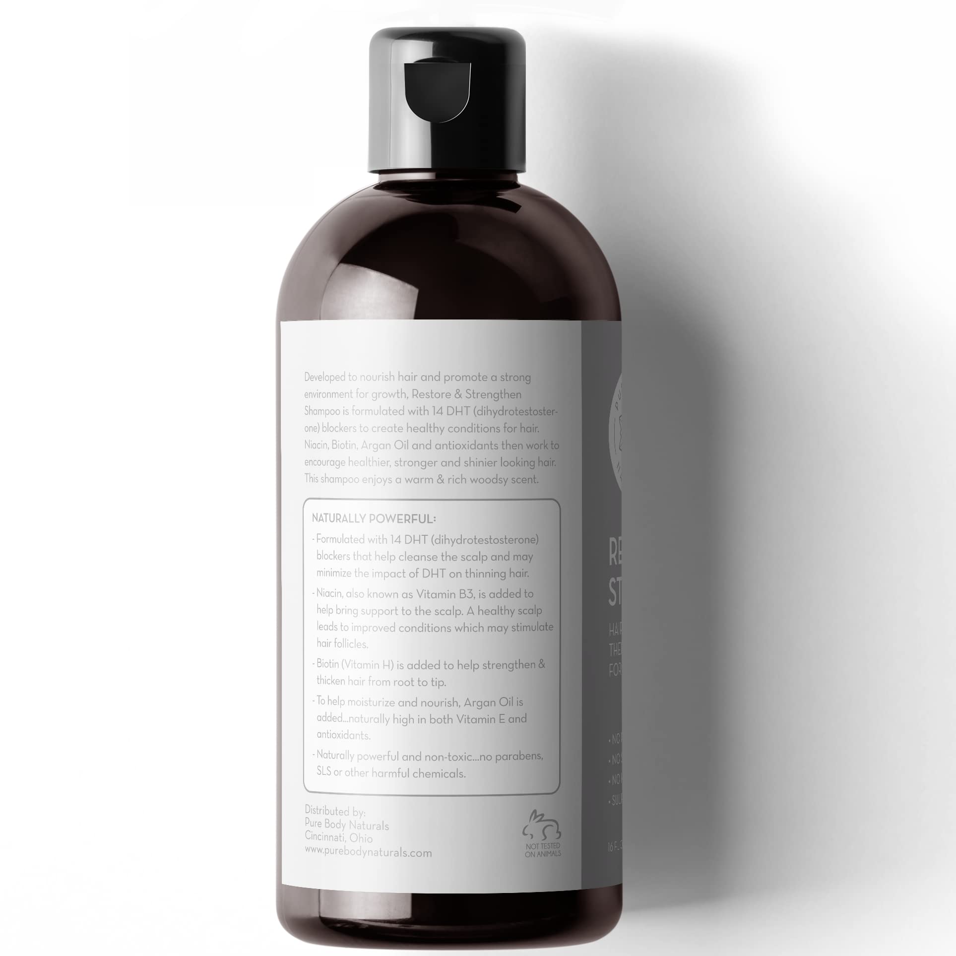 Pure Body Naturals Hair Loss Shampoo formula featuring DHT blockers for scalp support.