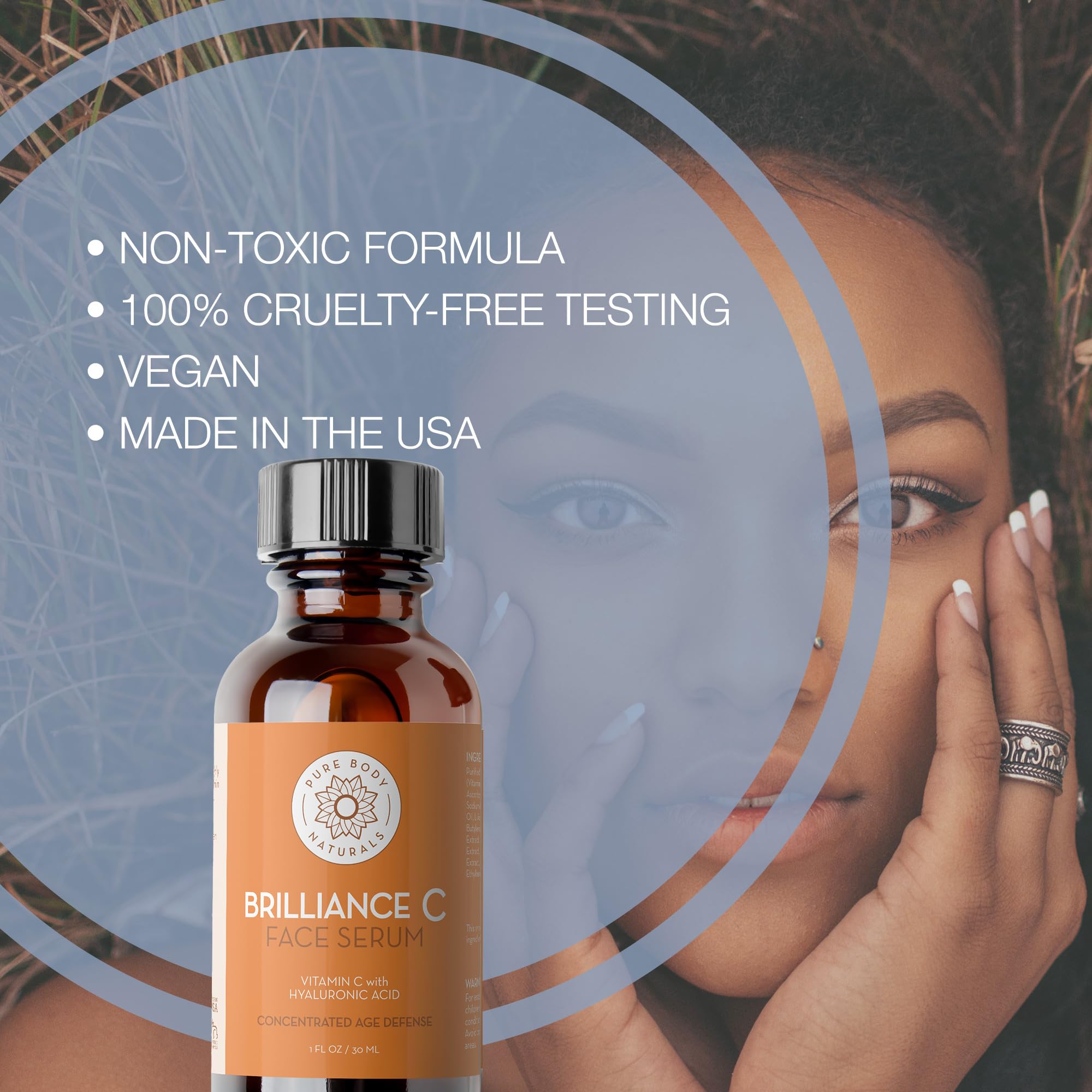 Pure Body Naturals hyaluronic acid serum bottle hydrates deeply and plumps.