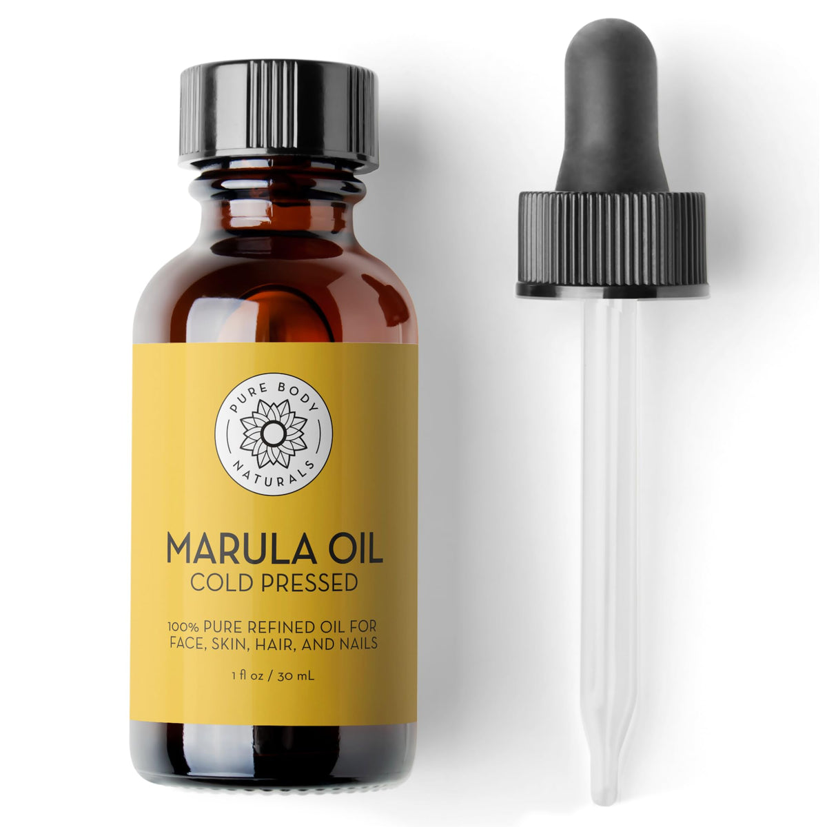 Pure Body Naturals Marula Oil bottle pour shows light hydration for skin