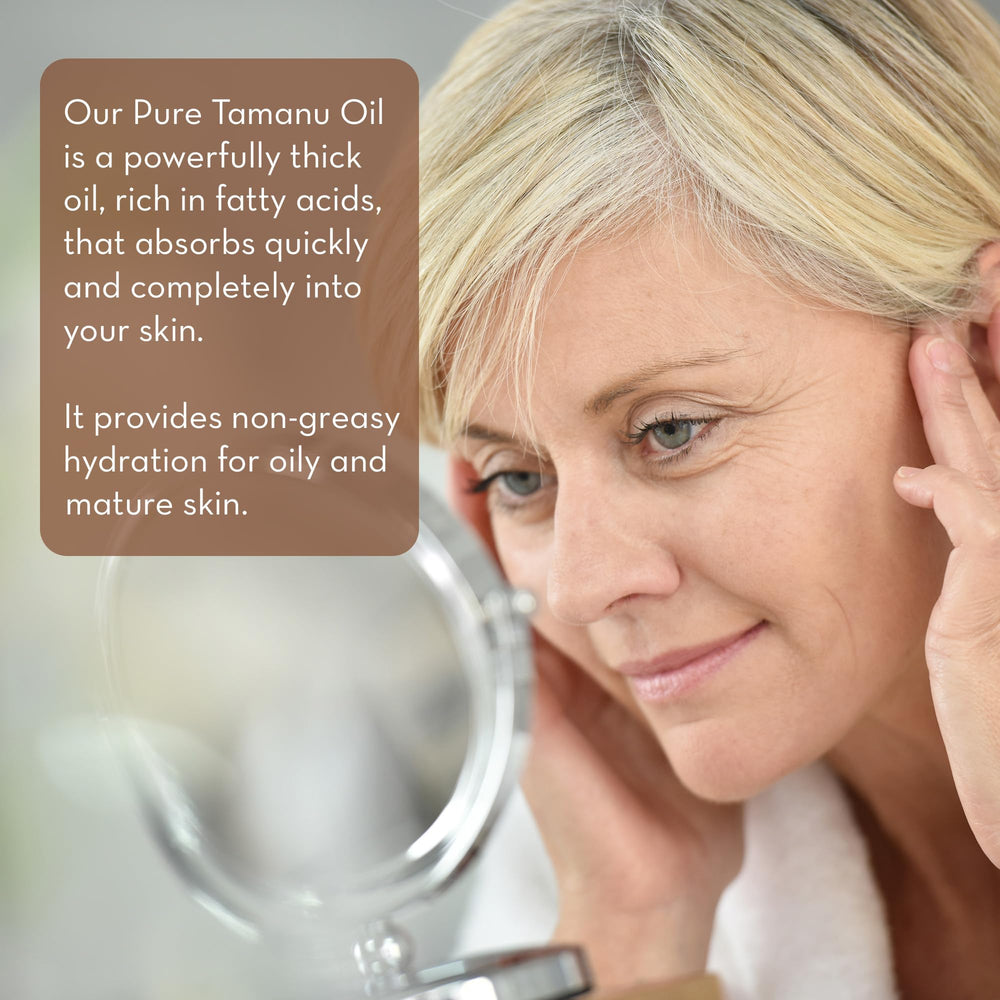 Pure Body Naturals Tamanu Oil dropper pour shows easy application and moisture delivery.