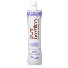 Pure Brazilian Always Blonde Shampoo bottle pour showing brass neutralization
