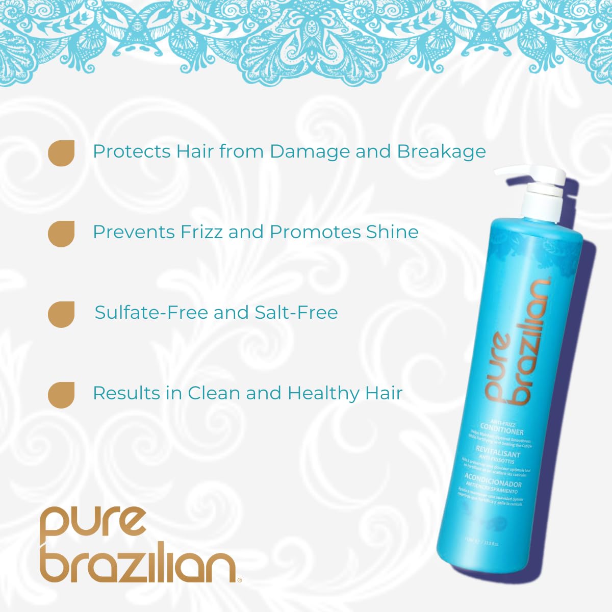 Pure Brazilian Anti-Frizz Daily Conditioner pump dispenses evenly for frizz control