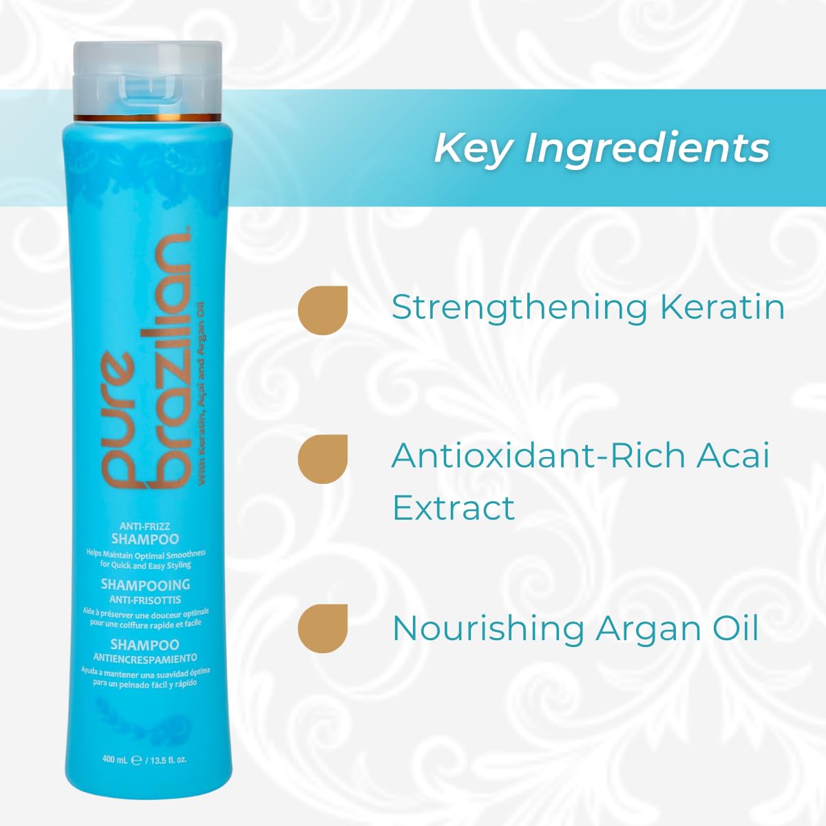 Pure Brazilian Anti-Frizz Daily Shampoo with argan oil glistens for smooth, manageable hair.