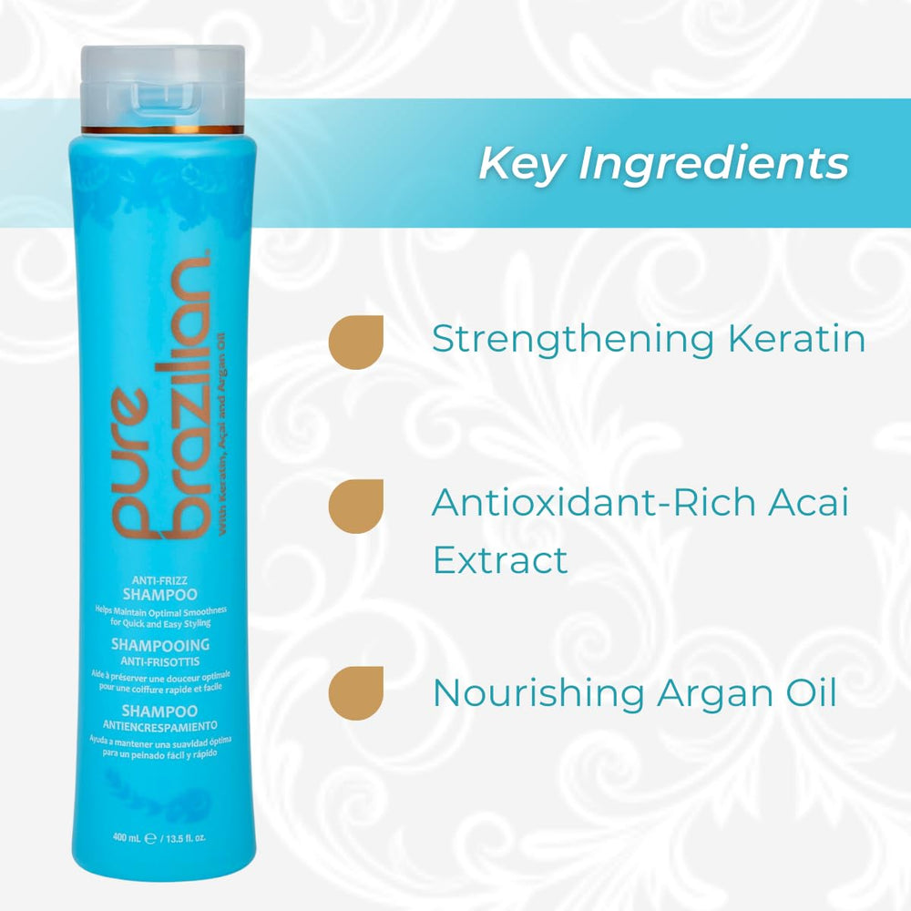 Pure Brazilian Anti-Frizz Daily Shampoo with argan oil glistens for smooth, manageable hair.