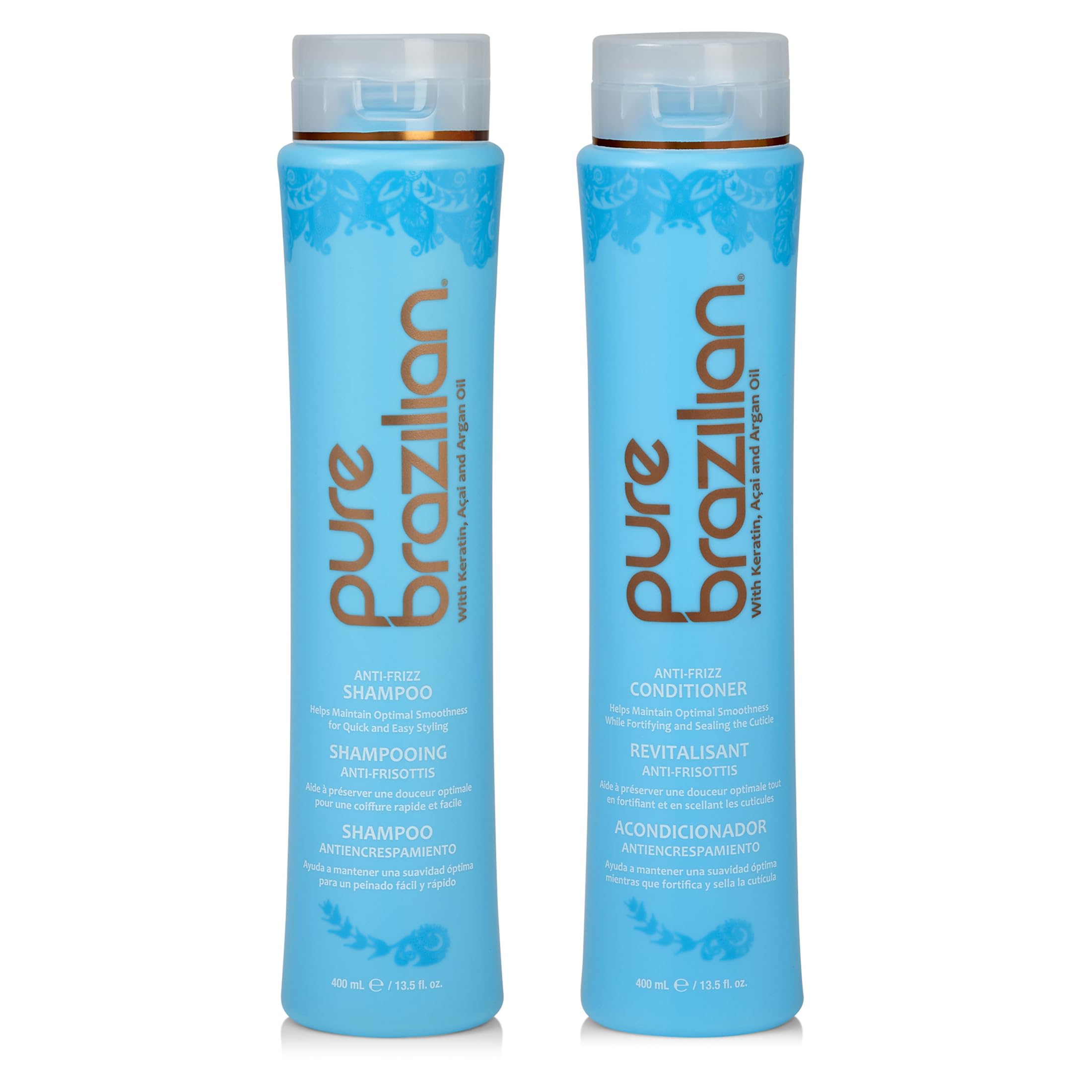 Pure Brazilian Anti-Frizz Daily Shampoo bottle shows frizz control and color protection.