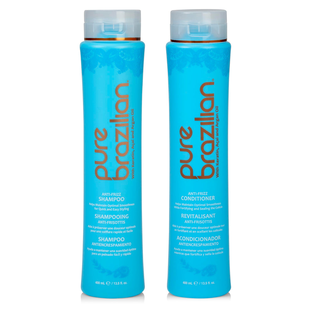Pure Brazilian Anti-Frizz Daily Shampoo bottle shows frizz control and color protection.
