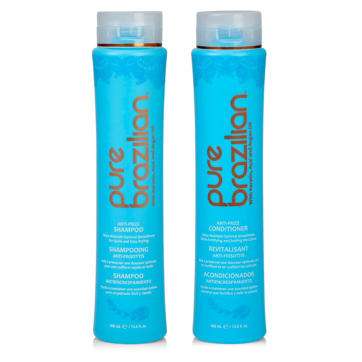 Pure Brazilian Anti-Frizz Daily Shampoo bottle shows frizz control and color protection.