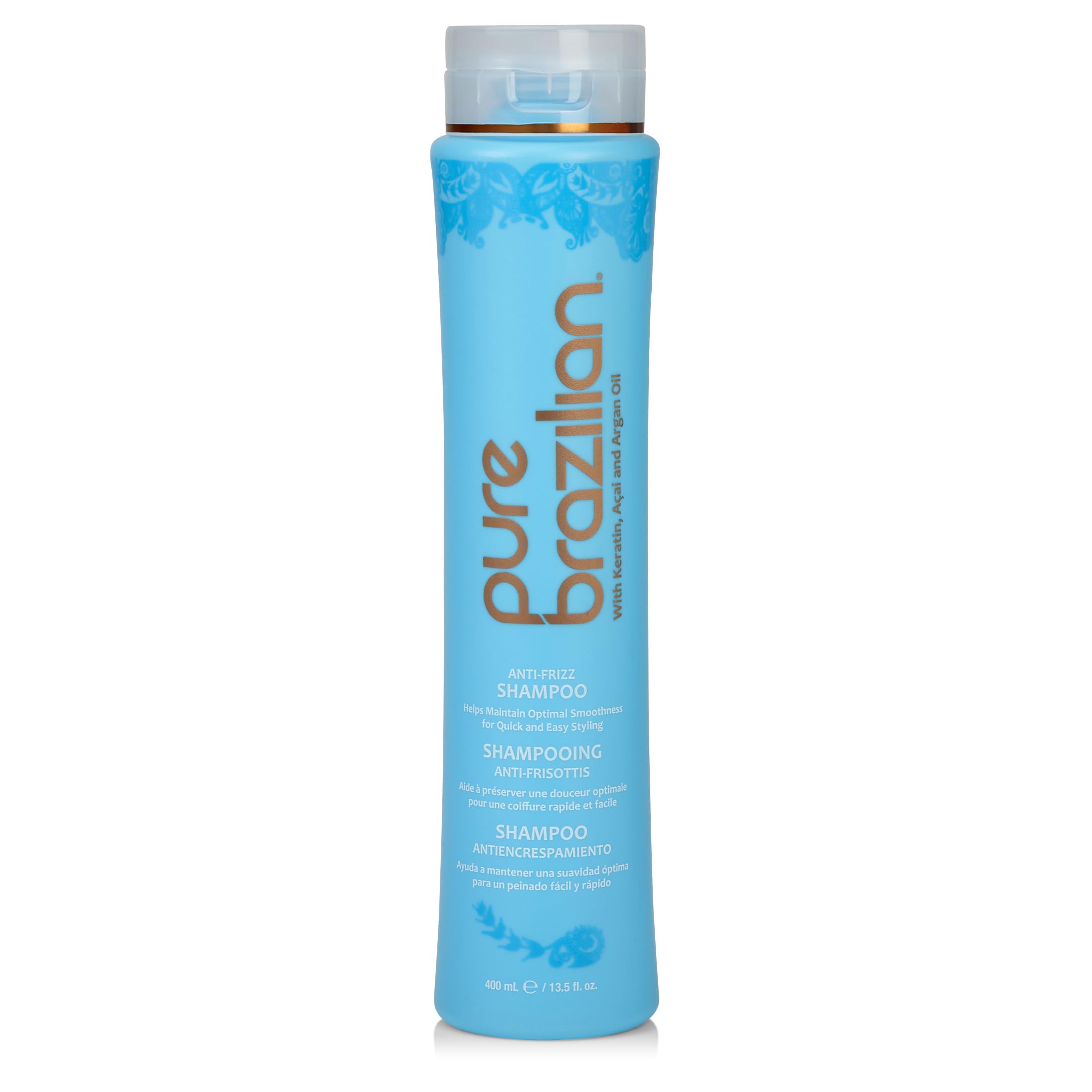 Pure Brazilian Anti-Frizz Daily Shampoo bottle highlights salt-free formula preserving moisture.