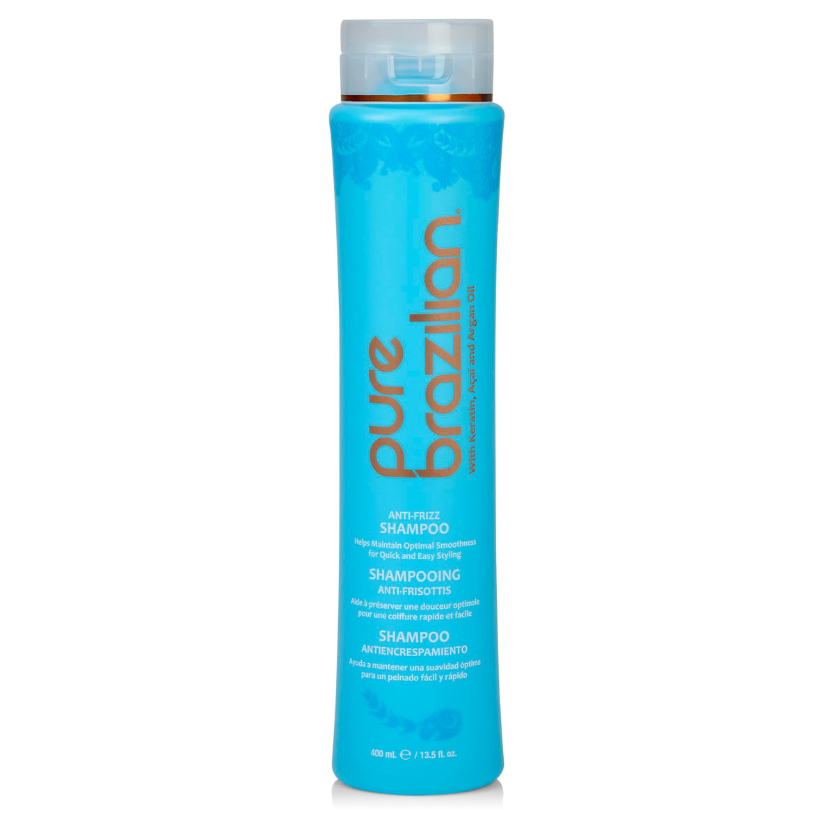 Pure Brazilian Anti-Frizz Daily Shampoo bottle highlights salt-free formula preserving moisture.