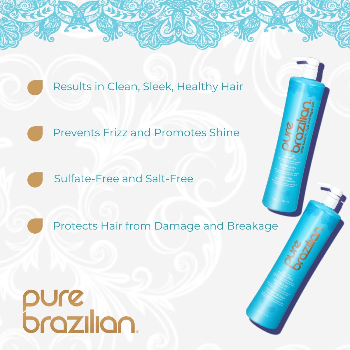 Pure Brazilian Anti-Frizz Daily Shampoo label close-up highlighting keratin.