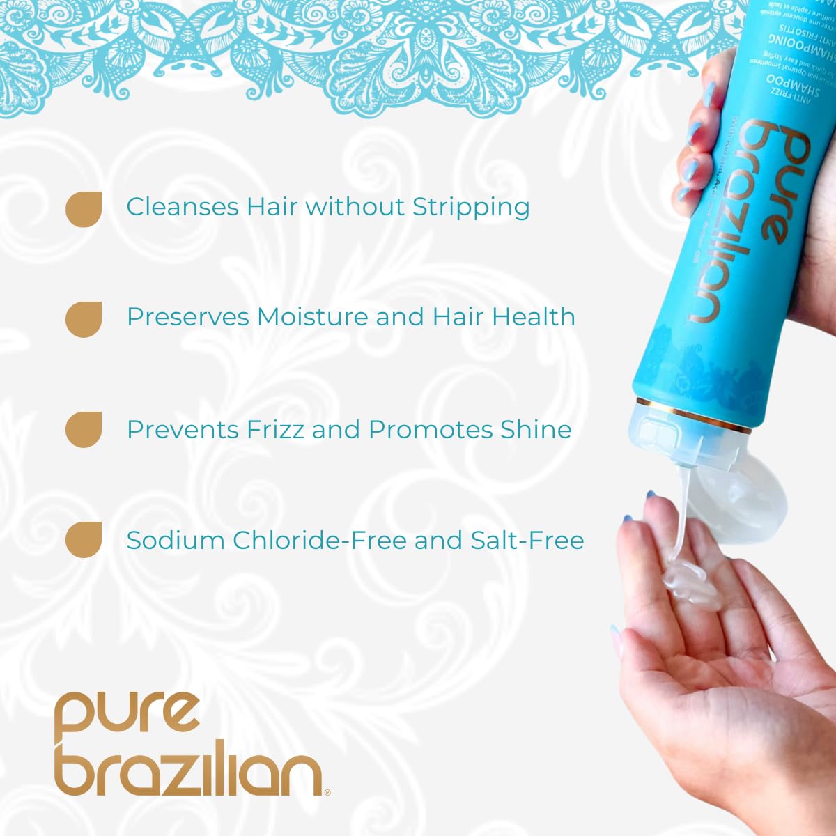 Pure Brazilian Anti-Frizz Daily Shampoo lather reveals gentle cleanse for color-treated hair.