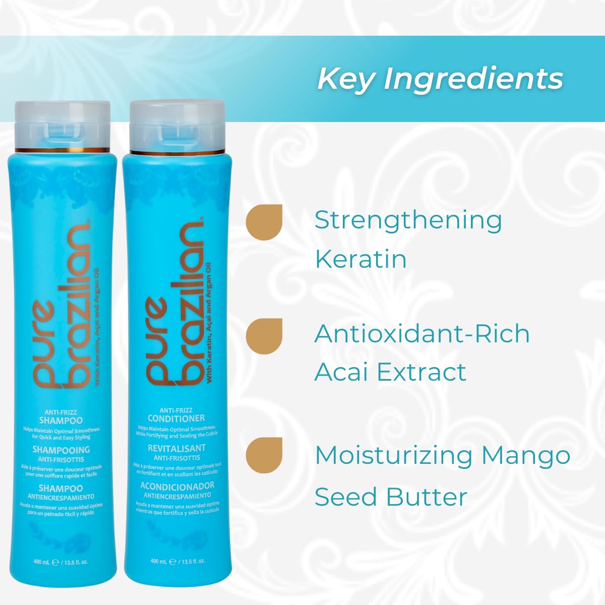 Pure Brazilian Keratin Argan Acai infusion bottle suggests nourishing care for hair.