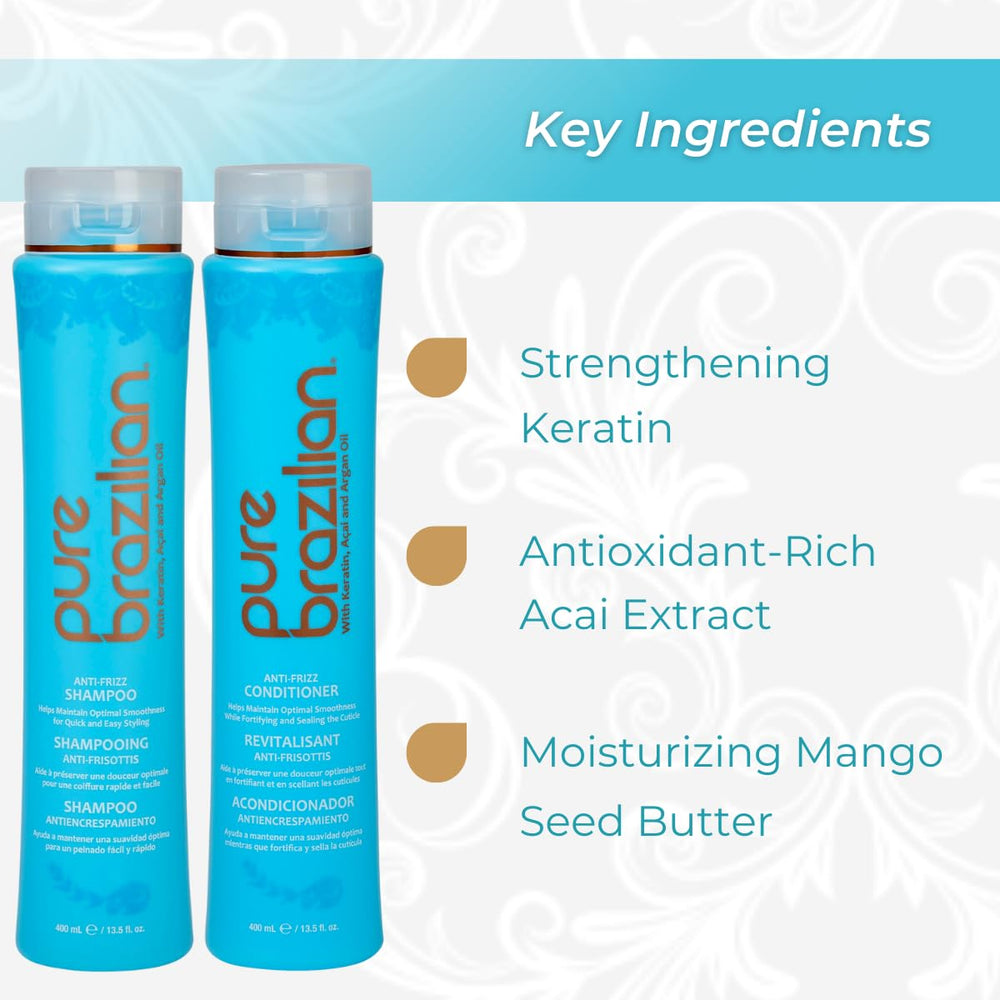Pure Brazilian Keratin Argan Acai infusion bottle suggests nourishing care for hair.