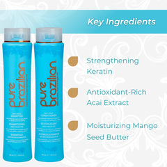 Pure Brazilian Keratin Argan Acai infusion bottle suggests nourishing care for hair.