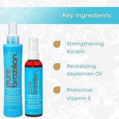 Pure Brazilian Keratin-infused bottle shows strengthened, smoother strands.