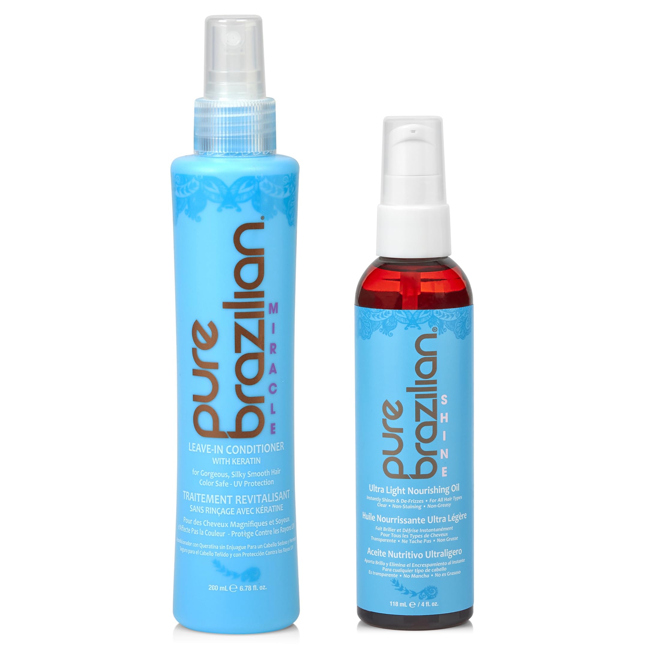 Pure Brazilian Leave-In Conditioner bottle with hydrating, soft hair for all types.