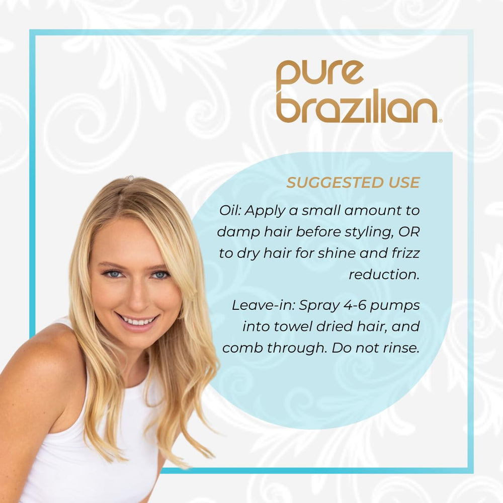 Pure Brazilian Leave-In Conditioner & Oil packaging protects hair from heat and UV.