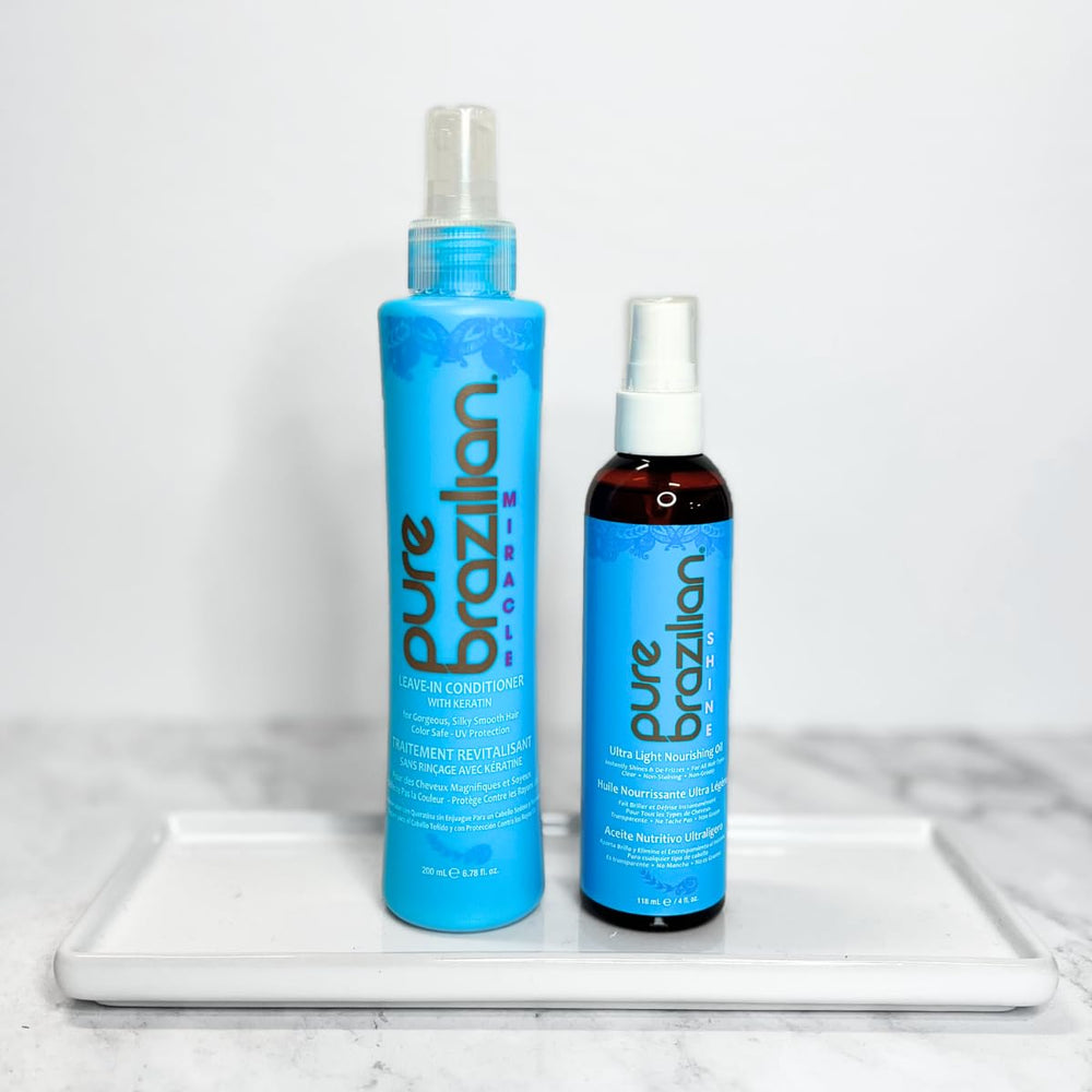 Pure Brazilian at-home hair care set on vanity delivering salon-quality results.