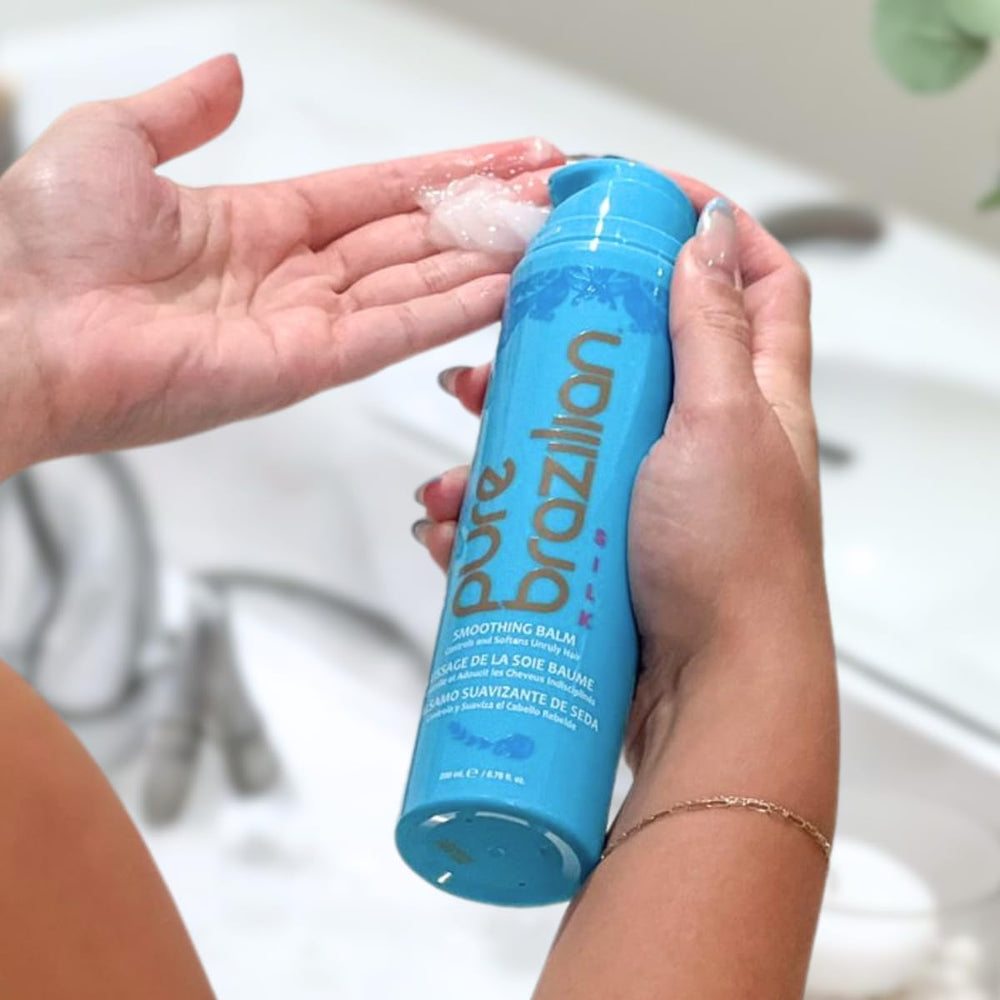 Hair after using Pure Brazilian Silk Smoothing Balm shows sleek shine and smoothness.