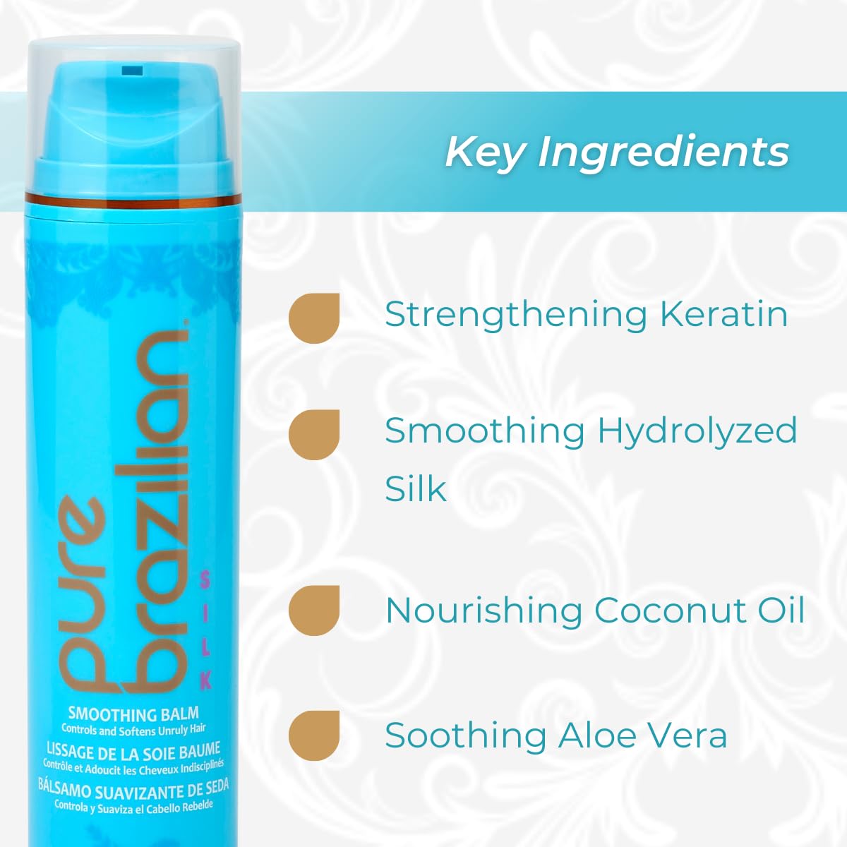 Pure Brazilian Silk Smoothing Balm ingredients panel with keratin and coconut oil.