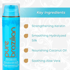 Pure Brazilian Silk Smoothing Balm ingredients panel with keratin and coconut oil.