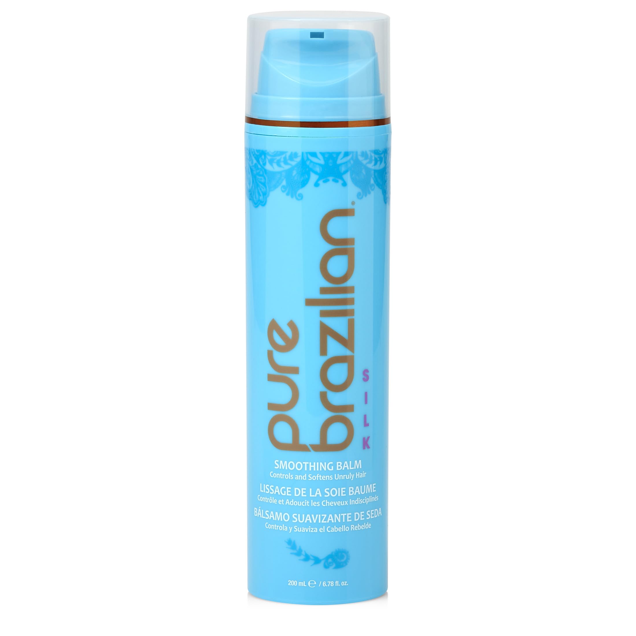 Pure Brazilian Silk Smoothing Balm packaging highlighting frizz-control formula.