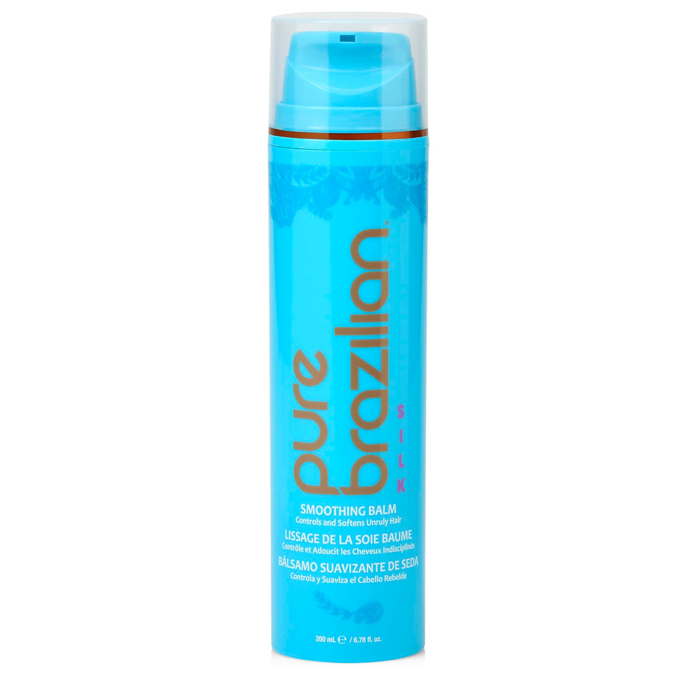 Pure Brazilian Silk Smoothing Balm packaging highlighting frizz-control formula.