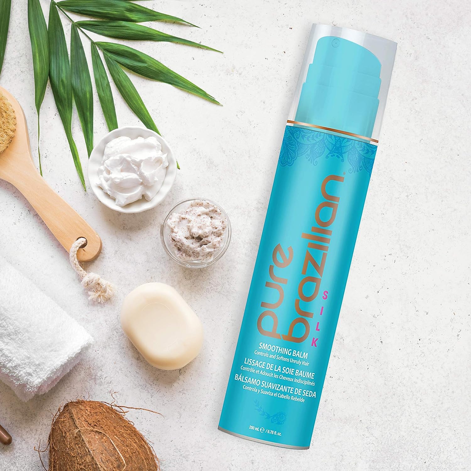 Pure Brazilian Silk Smoothing Balm tub signals salon-quality treatment at home.
