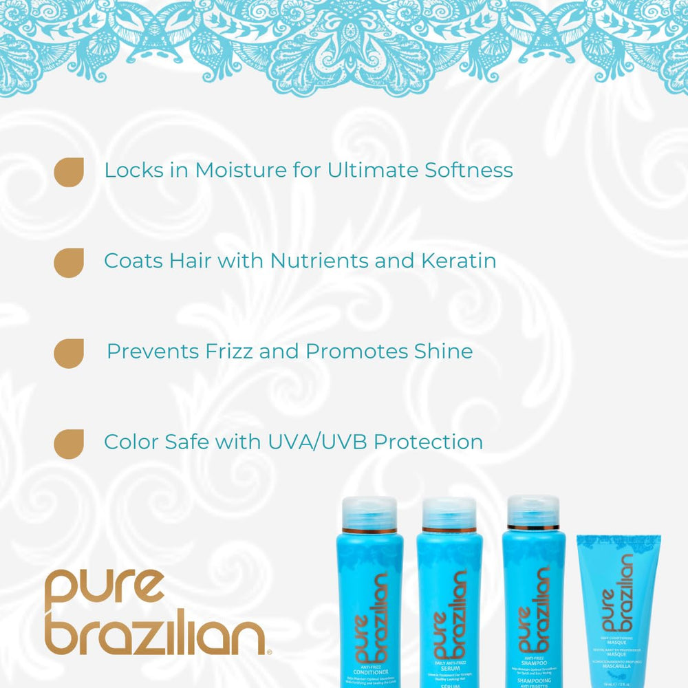 Pure Brazilian anti-frizz conditioner bottle pour; nourishes and helps reduce frizz