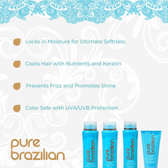 Pure Brazilian anti-frizz conditioner bottle pour; nourishes and helps reduce frizz