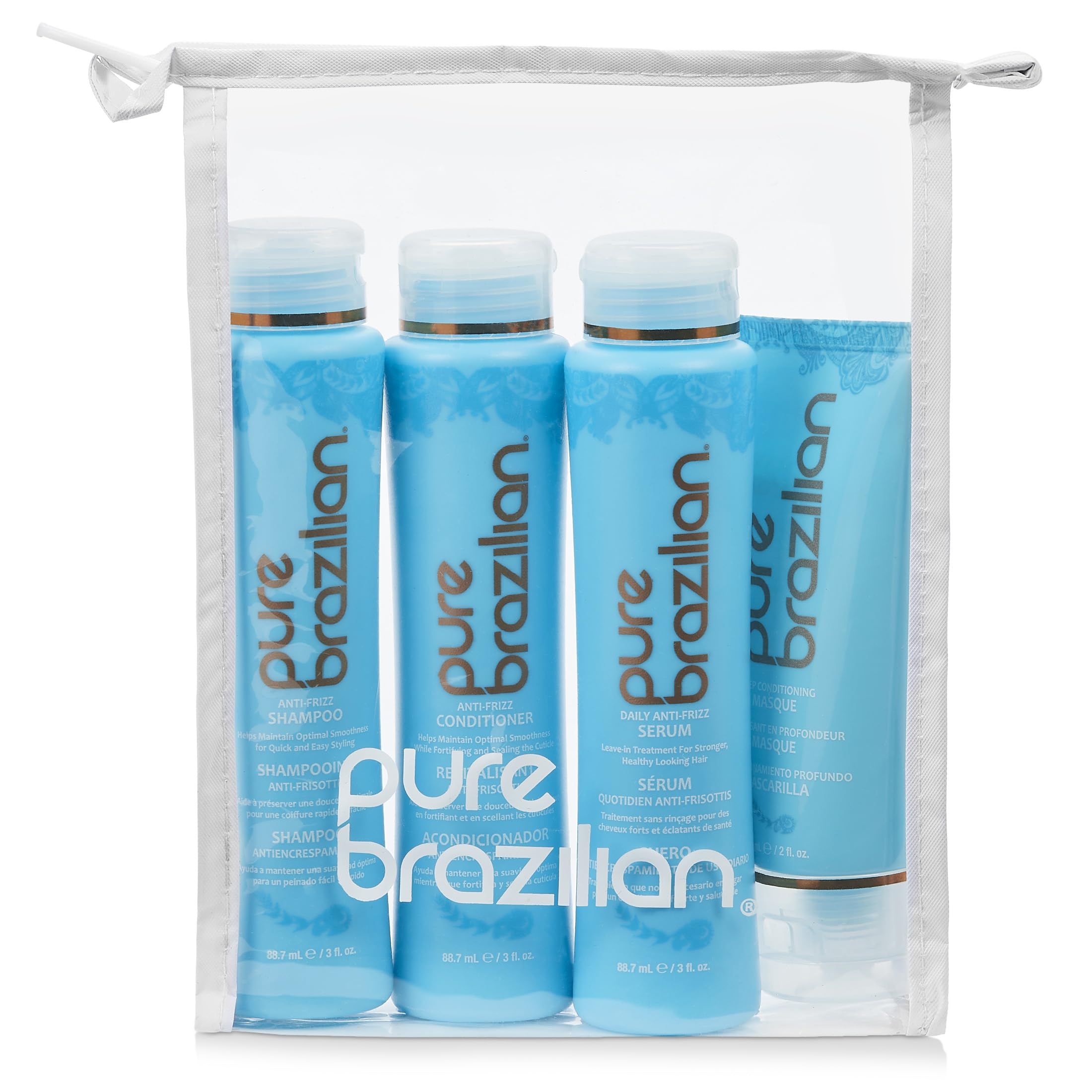Pure Brazilian anti-frizz shampoo bottle pour; gentle cleanse with moisture balance