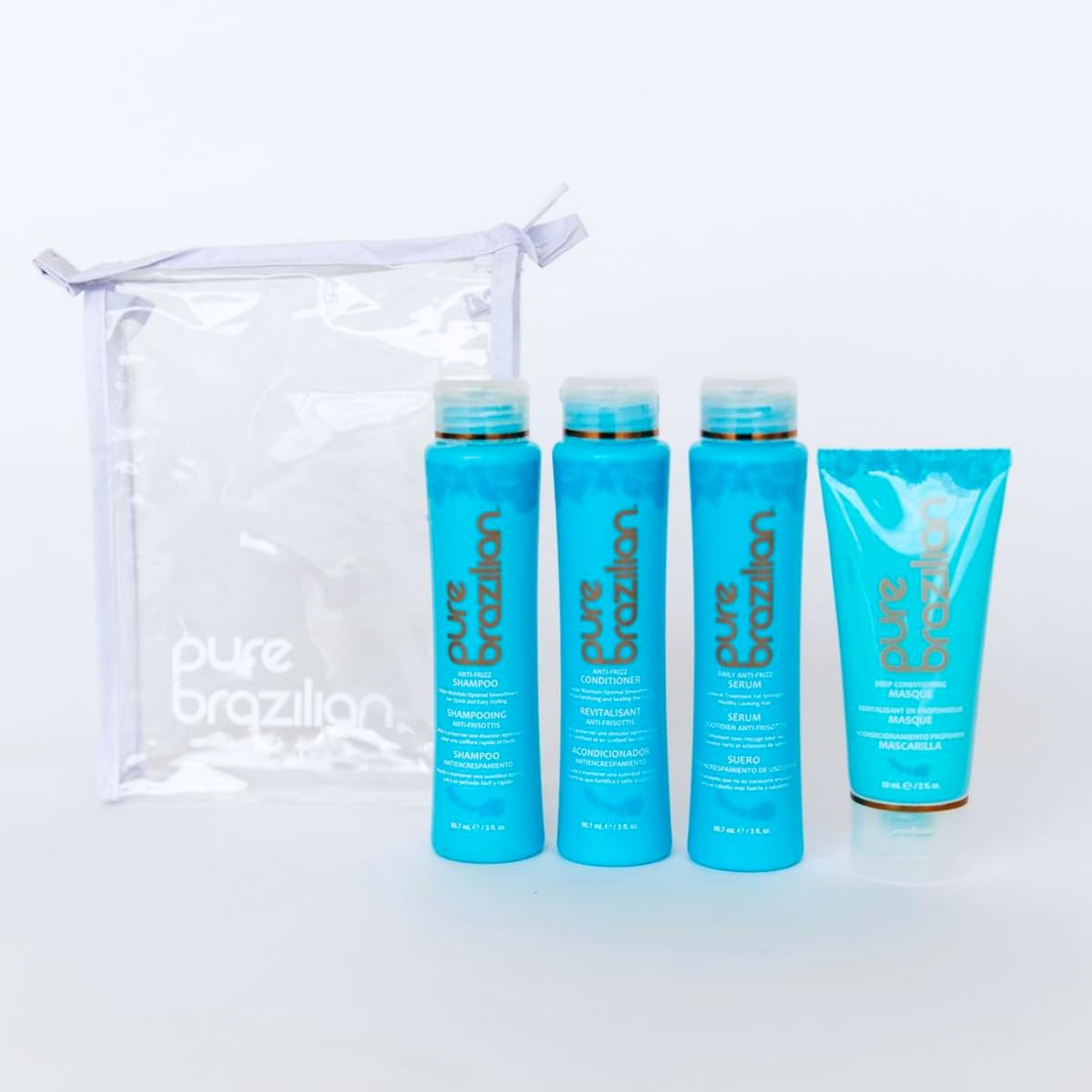 Pure Brazilian travel kit packaging display; convenient set for on-the-go styling