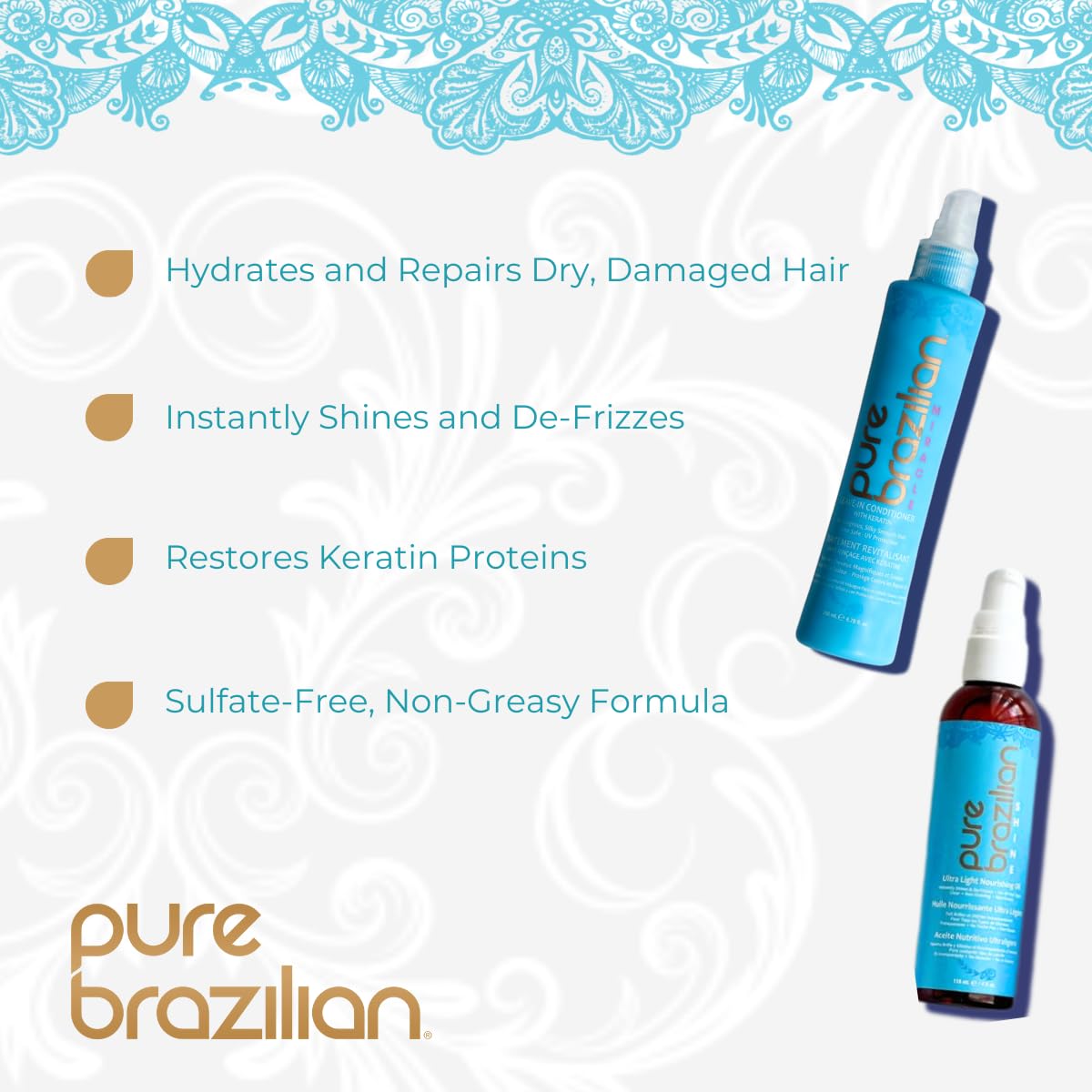 Pure Brazilian Ultra-Light Nourishing Oil bottle adds radiant shine without greasiness.