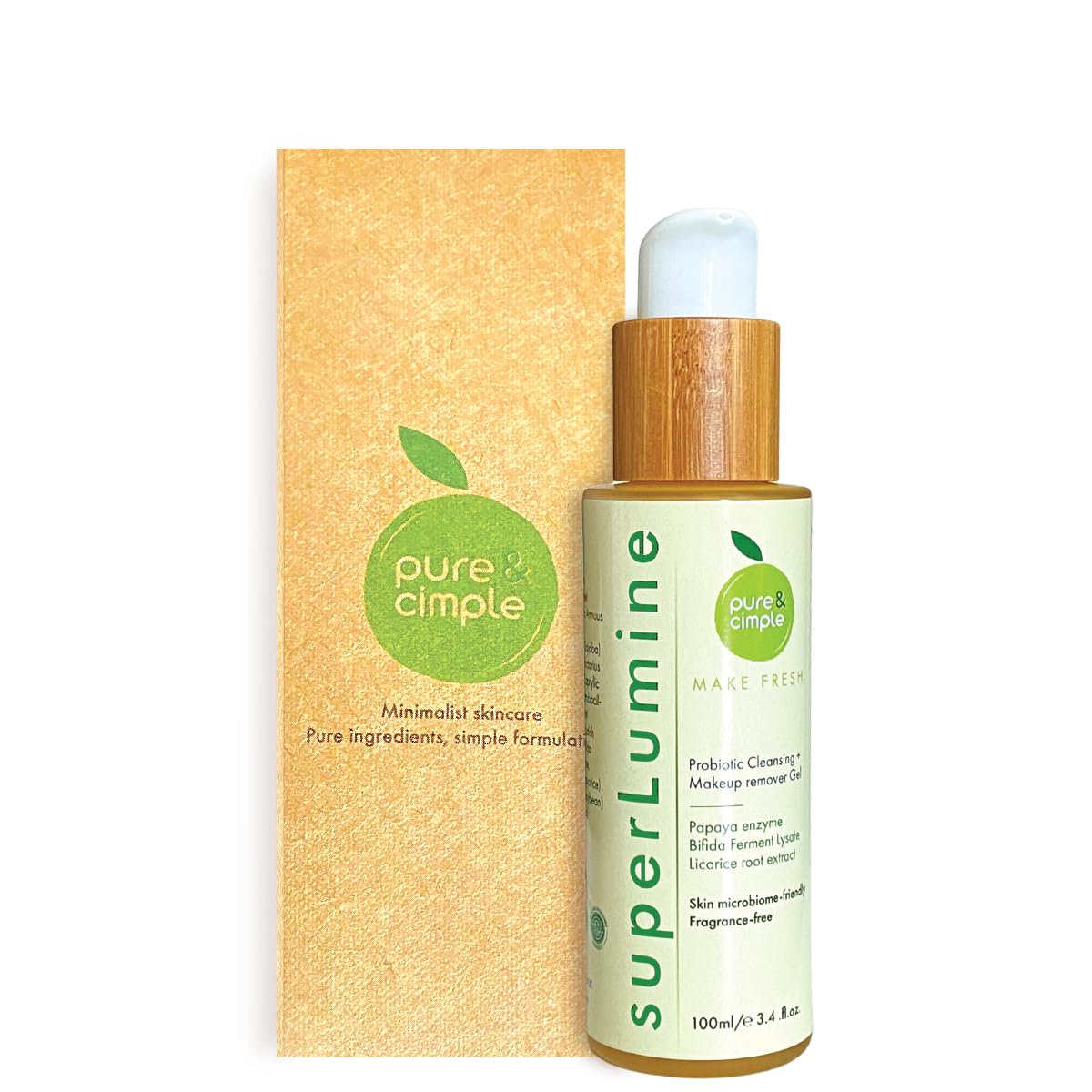 Pure & Cimple Probiotic Face Cleanser bottle closeup, fragrance-free for sensitive skin.