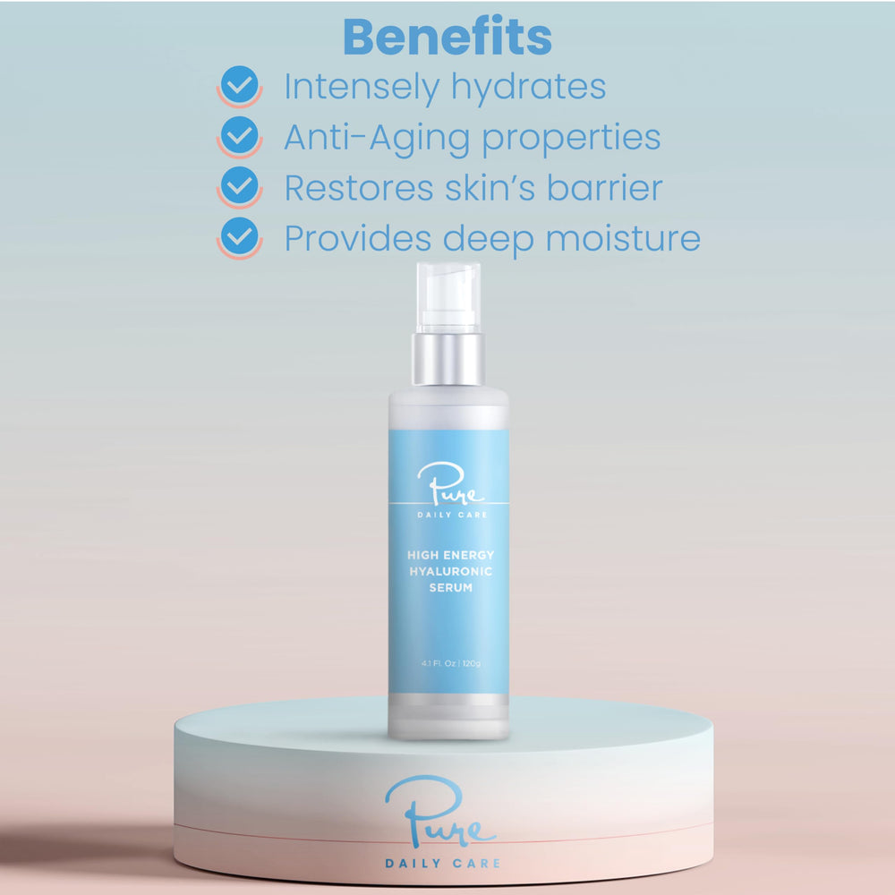 Box and bottle of Pure Daily Care High Energy Hyaluronic Serum